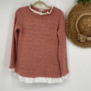 Neiman‎ Marcus Ruffle Neck Sweater Layered Soft Marled Knit Pink Small